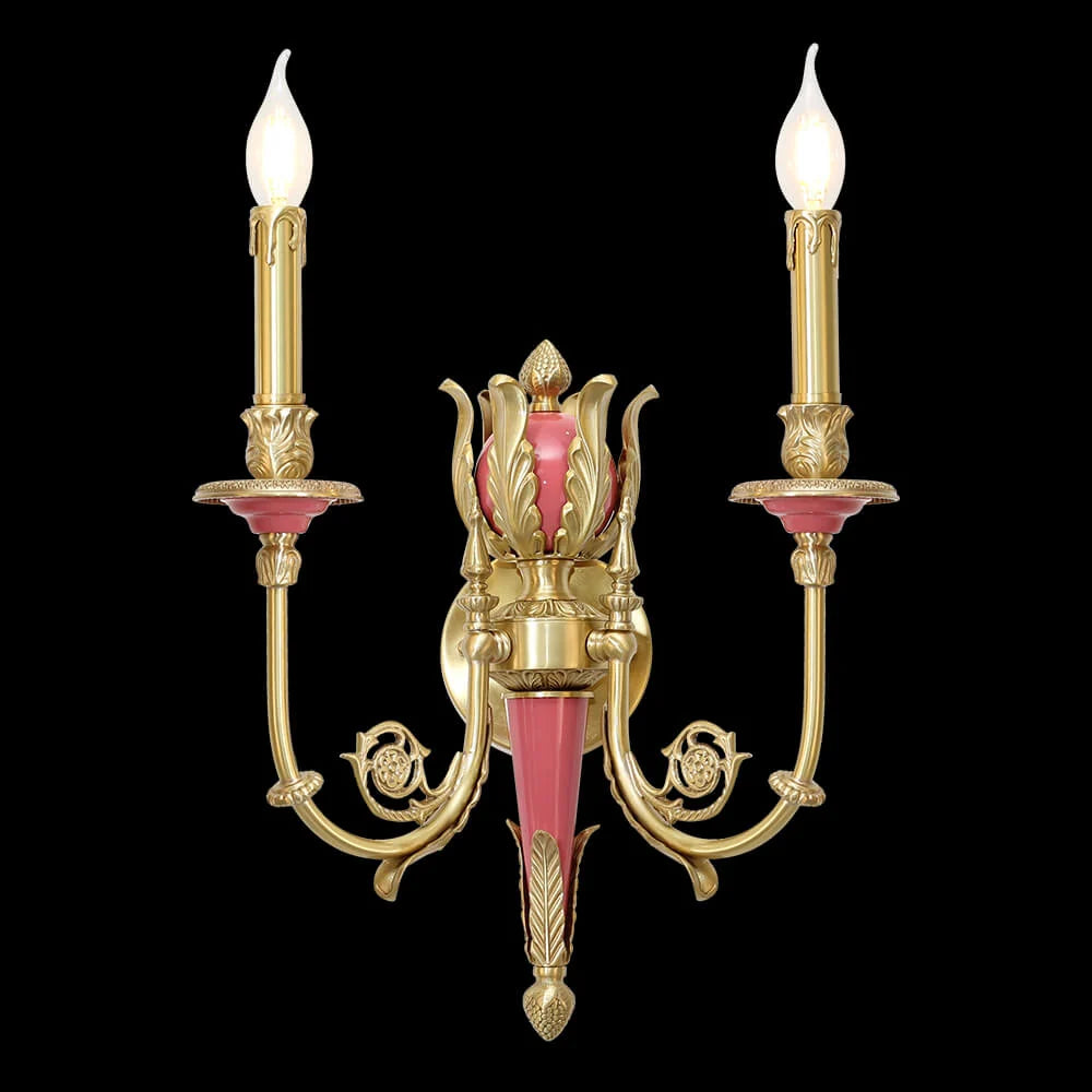 2 Lights Rococo Style Brass Wall Lamp Blue/ Pink Color