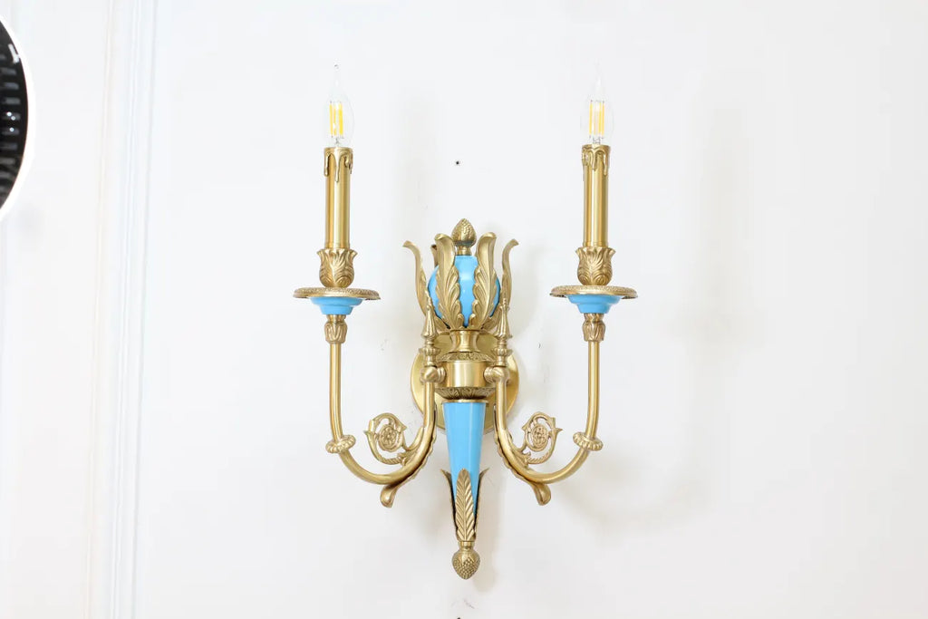 2 Lights Rococo Style Brass Wall Lamp Blue/ Pink Color