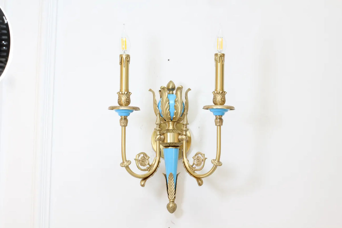 2 Lights Rococo Style Brass Wall Lamp Blue/ Pink Color