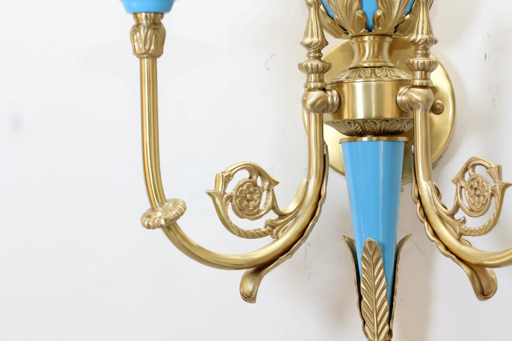 2 Lights Rococo Style Brass Wall Lamp Blue/ Pink Color