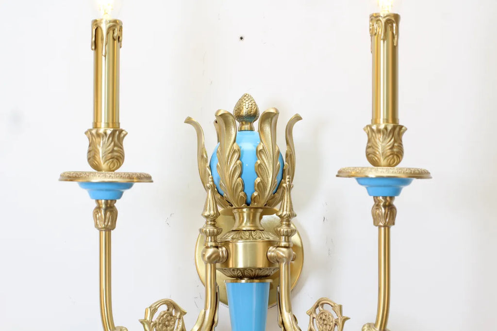 2 Lights Rococo Style Brass Wall Lamp Blue/ Pink Color