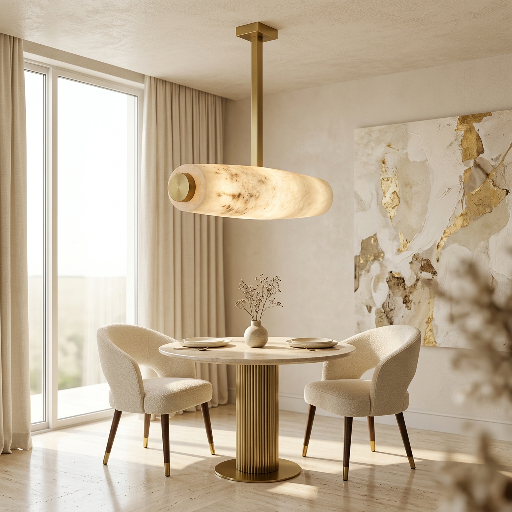 AI-generated dining room lifestyle visualization featuring Aurora pendant
