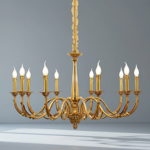 Ten-light Baroque brass chandelier against a cool gray studio backdrop with natural window light