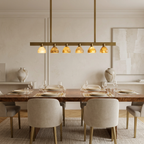 AI-generated dining-room reference visualization of six-shade pendant