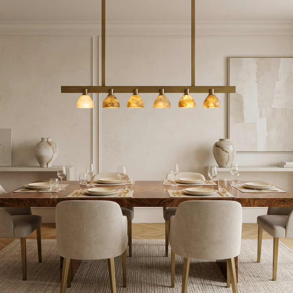 AI-generated dining-room reference visualization of six-shade pendant