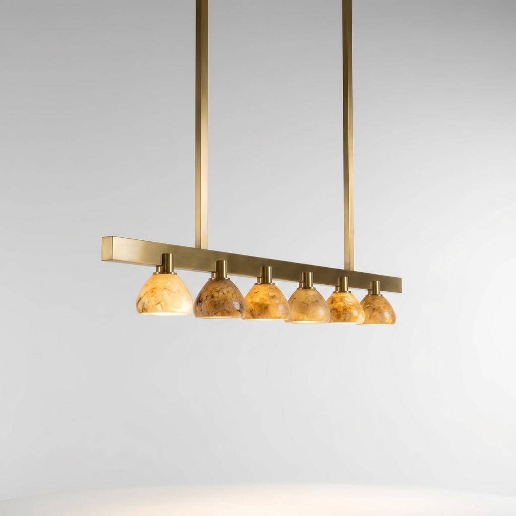 AI-generated opposite-angle reference visualization of six-shade linear pendant