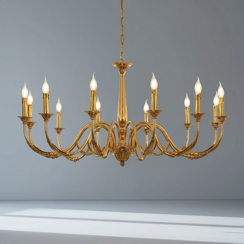 Twelve-light antique brass Baroque chandelier against a cool gray studio background with natural window light