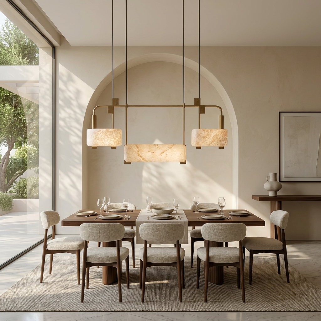 Trio chandelier above a modern dining table