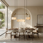 Trio chandelier above a modern dining table