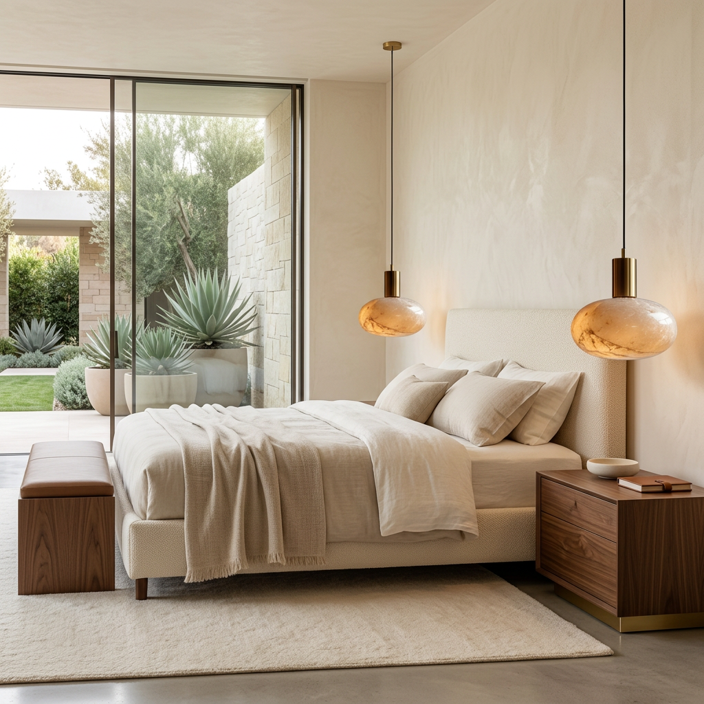 Luna pendant light in a warm modern bedroom beside the bed
