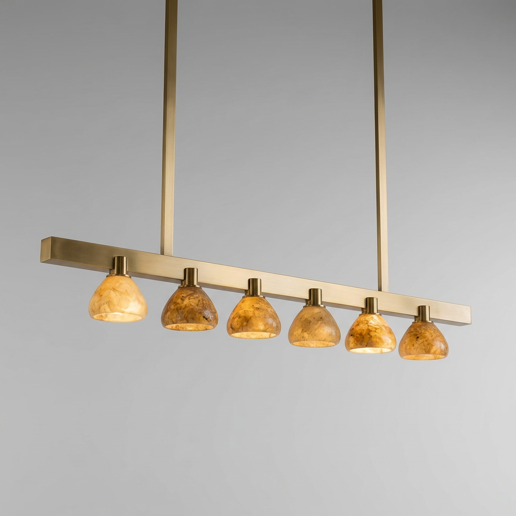 AI-generated low-angle reference visualization of six-shade linear pendant