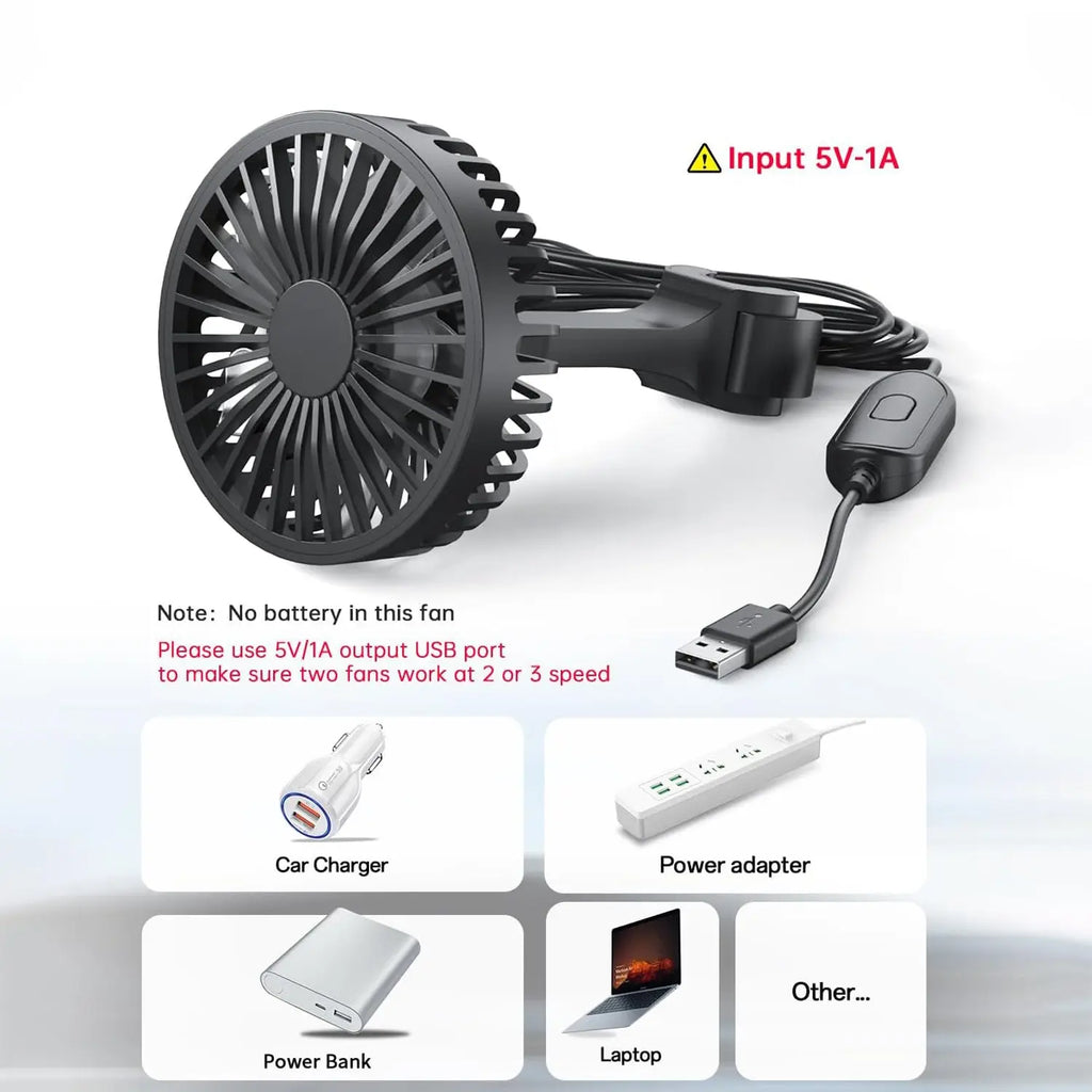 USB Car Fan for Rear Seat 3 Speed Clip Mount 61 Inch Cable for SUV RV Truck Black tilwbq