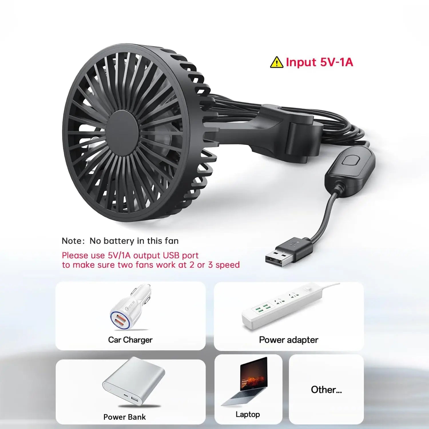 USB Car Fan for Rear Seat 3 Speed Clip Mount 61 Inch Cable for SUV RV Truck Black tilwbq