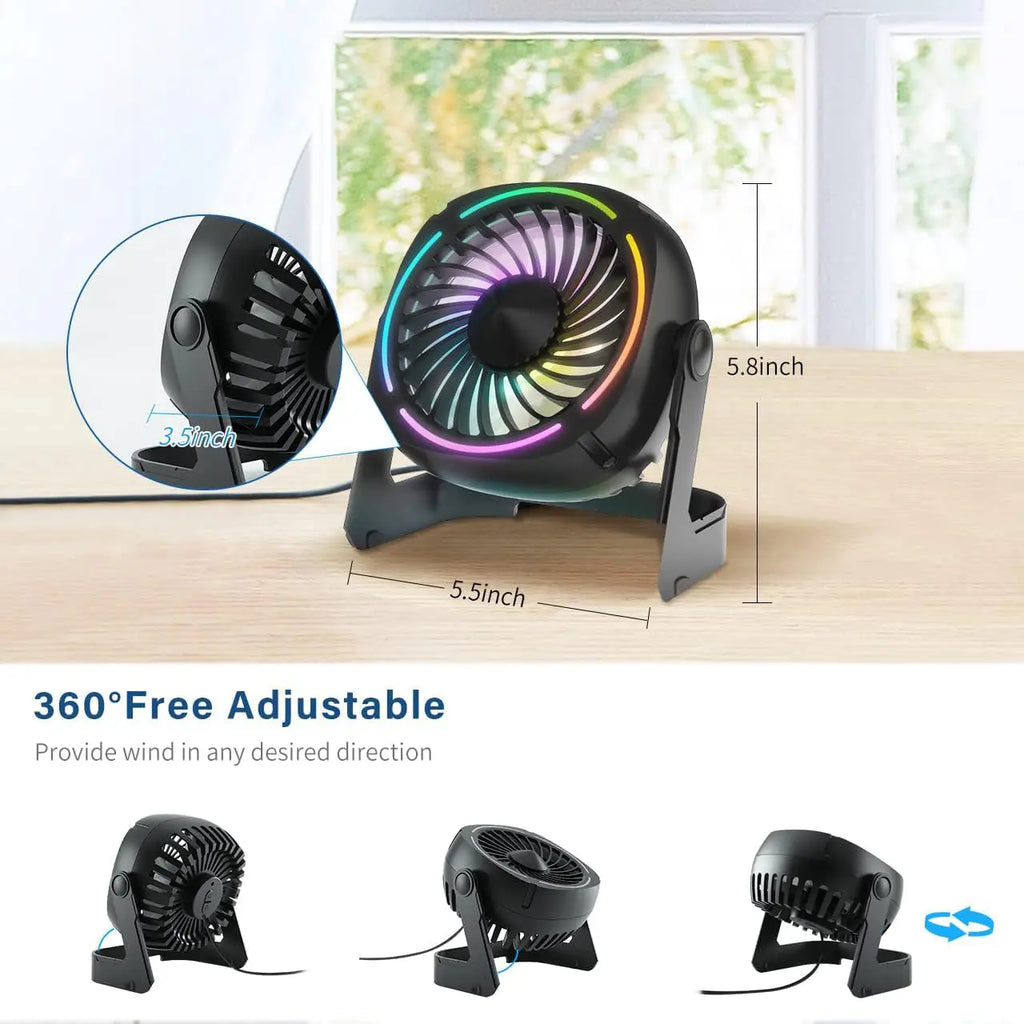 USB Desk Fan 5.5 Inch 3 Speed 8 Color LED Light 360 Rotation Quiet for Home Office Black tilwbq