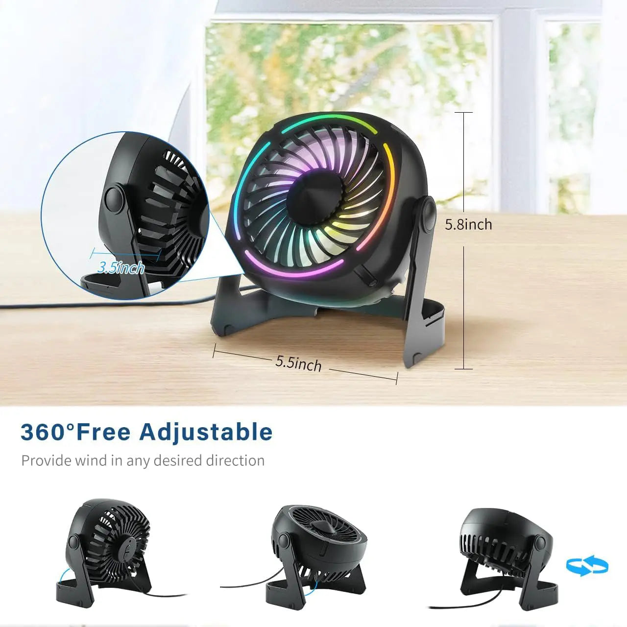 USB Desk Fan 5.5 Inch 3 Speed 8 Color LED Light 360 Rotation Quiet for Home Office Black tilwbq