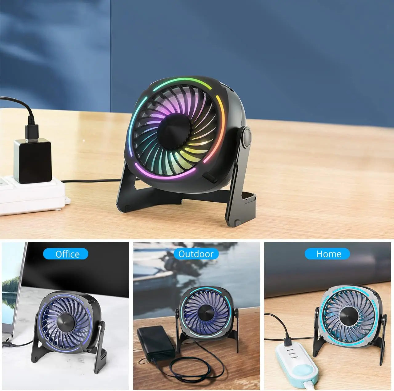 USB Desk Fan 5.5 Inch 3 Speed 8 Color LED Light 360 Rotation Quiet for Home Office Black tilwbq