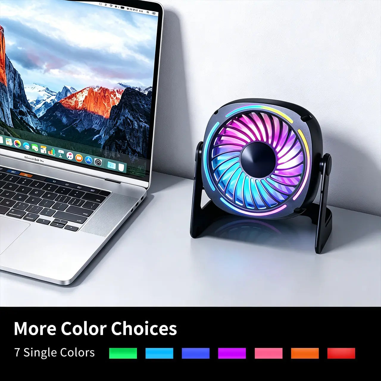 USB Desk Fan 5.5 Inch 3 Speed 8 Color LED Light 360 Rotation Quiet for Home Office Black tilwbq
