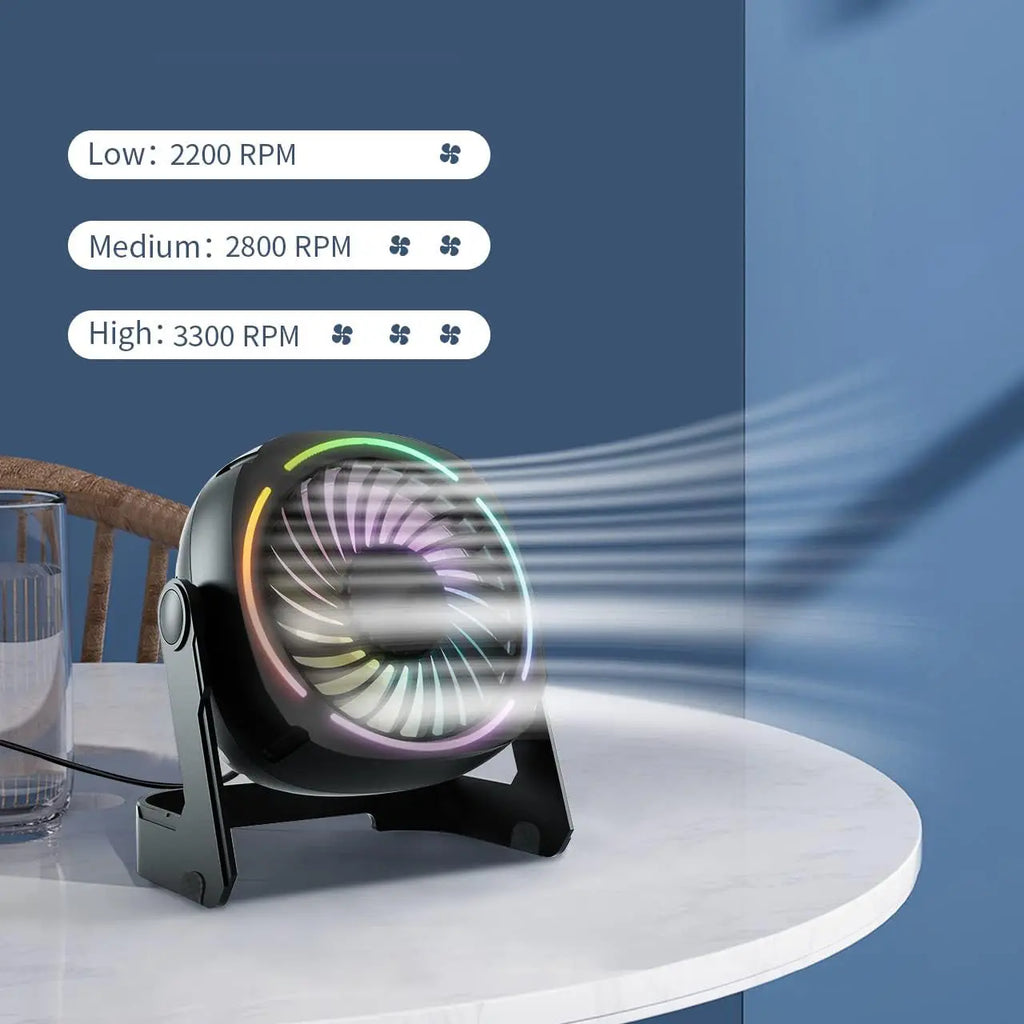 USB Desk Fan 5.5 Inch 3 Speed 8 Color LED Light 360 Rotation Quiet for Home Office Black tilwbq